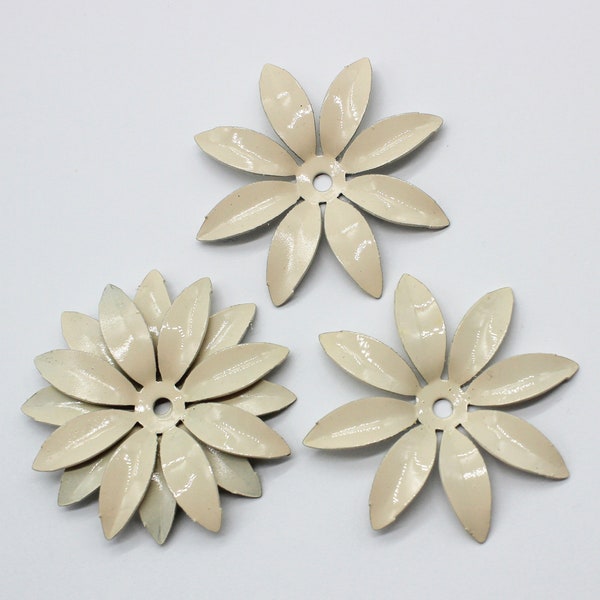 4 Large Hand Painted Ivory White Vintage Metal Flowers - Perfect For Collage And Making Pendants
