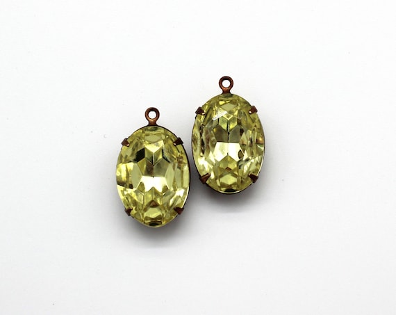 Vintage Jonquille Czech Glass Oval Oxidized Brass Pendant Earring Dangles 18x13mm ~ Antique Jewelry