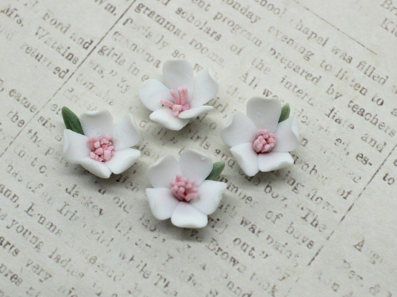 4 Vintage Porcelain Flowers Handmade Japanese Bisque White Flower Dogwood Cabochons 15mm image 1