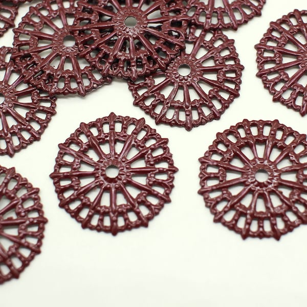 Burgundy Painted Vintage Round Filigree Stampings (6)