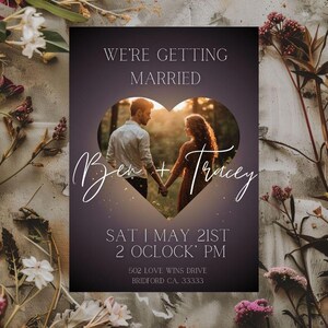 5x7, wedding invitation, template, digital download, heart frame, personalize, qr code, black, gold, script font, white font