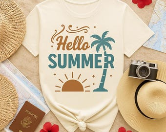 Hallo zomer T-shirt retro palmboom en zon graphic T-shirt vintage zomershirt | Strandshirt | Uniseks vakantieshirt