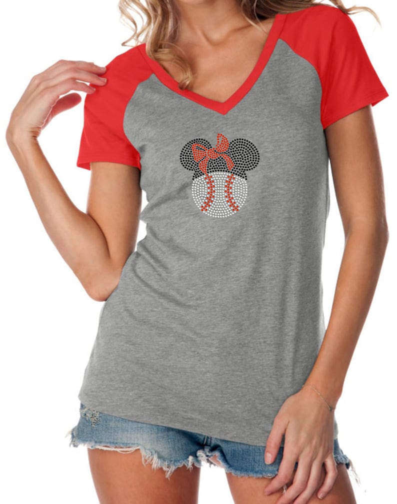 rhinestone transfer women/'s baseball shirt Women/'s Disney vacation shirt Mouse head baseball rhinestone shirt