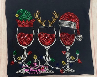Christmas Wine rhinestone shirt, Wine lover holiday shirt, Christmas shirt, gifts for wine lovers, womans Christmas shirt