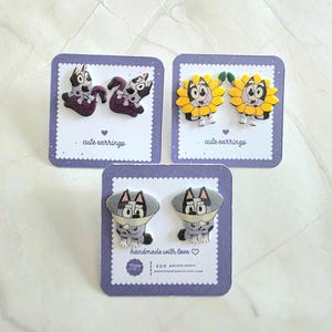 Grey Blue Dog Inspired Stud Earrings, Handmade Shrink Plastic Jewelry, Hypoallergenic Gift for Kids, Birthday Girls & Cartoon Fans