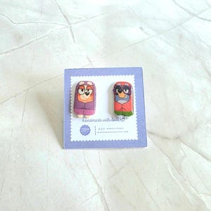 Granny Blue Dog Inspired Earrings, Handmade Shrink Plastic Studs, Hypoallergenic Cartoon Jewelry for Kids & Fans