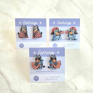 Blue Dog Earrings, 4th of July Shrink Plastic Studs, Handmade Bluey Inspired Jewelry, Hypoallergenic Gift for Girls, Kids Cartoon Earrings