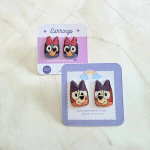 Minnie Style Blue Dog Earrings, Handmade Shrink Plastic Studs, Hypoallergenic Gift for Girls, Kids & Cartoon Fans