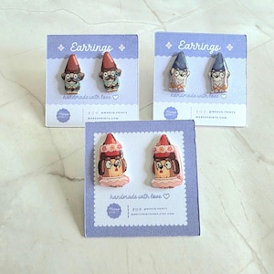 Blue Dog Inspired Gnome Figurines, Handmade Cartoon Decor, Shrink Plastic Earrings Included, Cute Gift for Kids & Collectors