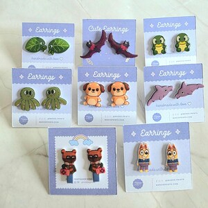 Blue Dog Toys Inspired Earrings, Handmade Shrink Plastic Studs, Hypoallergenic Cartoon Jewelry, Cute Gift for Girls & Kids