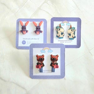 Blue Dog Sassy Unicorn Studs Earrings, Funny Studs for Girls, Handmade Shrink Plastic, Hypoallergenic Gift for Birthday & Cartoon Fans