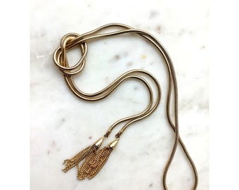 Vintage Lariat Necklace Gold Tone Chain With Tassel Fringe MCM Style 44"