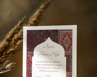 May include: Aysu's Henna Night invitation with a red, white, and gold patterned design. The invitation includes the date and time of the event, as well as the location. The text reads: "Aysu's Henna Night. Gecemiz kırmızı, ellerimiz kınalı, mutluluğumuz sonsuz! Bu özel gecede yanımda olmanızı çok isterim! EYLÜL 13 18:00 2025 Wallerseahall, Fenning 15, 5302 Henndorf am Wallersee"