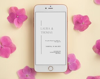 May include: A smartphone displaying a wedding invitation for Laura & Thomas. The invitation is set against a background of pink flower petals.