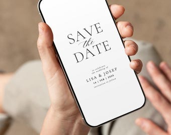 May include: A smartphone displays a wedding announcement with the text "SAVE the DATE" in elegant typography. The announcement includes the names LISA & JOSEF, the date 14 FEB 2025, and the phrase "invitation to follow."