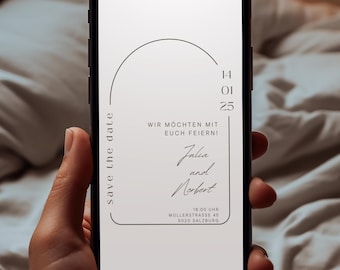 May include: A smartphone screen displaying a save the date announcement for a wedding. The announcement is for Julia and Norbert, and it includes the date 01.25, the time 18:00, and the location Müllerstrasse 45, 5020 Salzburg.