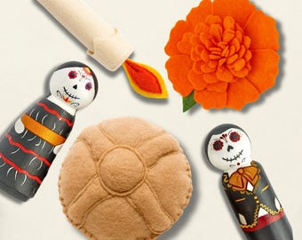 Día de Muertos Kids Set | Day of the Dead | Peg Dolls | Calavera | Pan de Meurto | Cempasuchil | Marigold | Candle | Felt | Wood | Handmade