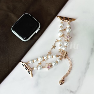 Gold Pearl Star Apple Watch Band • Adjustable Double-Strand Strap for Series 1–10 & SE • Elegant Adjustable Bracelet for 38mm-41mm 42mm-49mm