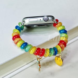 Rainbow Charm Apple Watch Band • Stretchable Bracelet Strap with Smiley & Star Charms • iWatch Series 11-1, SE, Ultra • 38mm-41mm 42mm-49mm