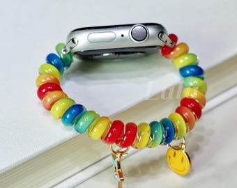 Rainbow Charm Apple Watch Band • Stretchable Bracelet Strap with Smiley & Star Charms • iWatch Series 11-1, SE, Ultra • 38mm-41mm 42mm-49mm