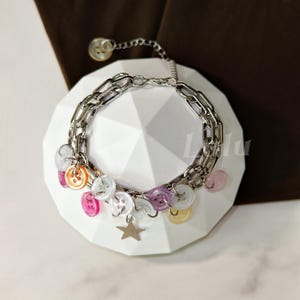 Pastel Button Charm Adjustable Bracelet • Handmade Y2K Jewelry • Aesthetic Gift for Women/Teens • Silver Chain with Buttons & Star Charm