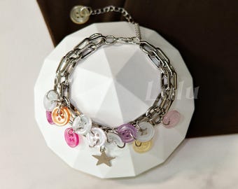 Pastel Button Charm Adjustable Bracelet • Handmade Y2K Jewelry • Aesthetic Gift for Women/Teens • Silver Chain with Buttons & Star Charm