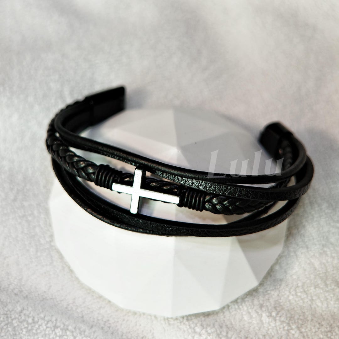 Black Leather Cross Bracelet • Handmade Layered Band Set • Stainless ...