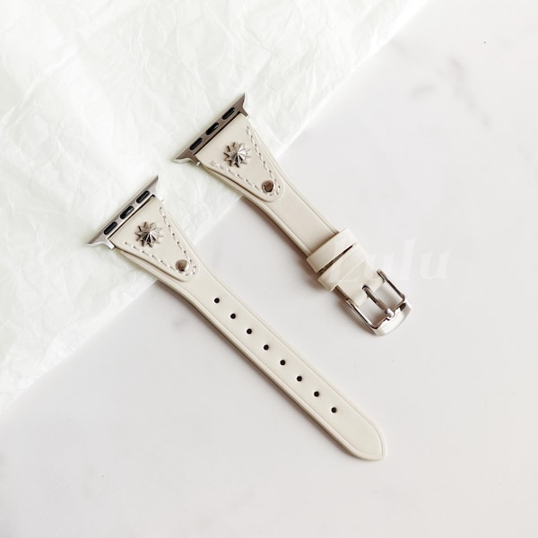 White Leather Apple Watch Band • Silver Star Stud Strap for iWatch Series 11-1, SE, Ultra • Adjustable Band 38mm-41mm 42mm-49mm • Gift Idea