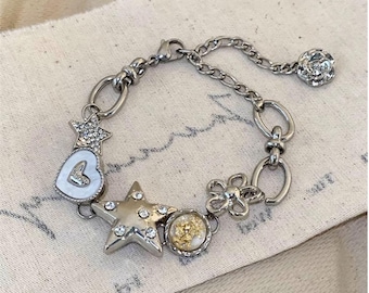 Silver Finished Link Bracelet – Non-Tarnish, Star, Heart & Flower Design, Adjustable Jewelry, One Size Fits All – Women, Teen, Unisex Gift