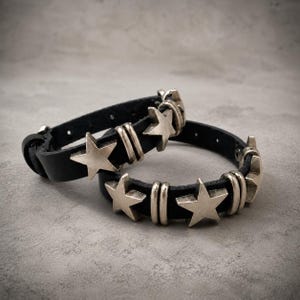 Genuine Leather Punk Bracelet • Unisex Jewelry for Him/Her • Bold Gothic Style • Edgy Star Charm • Handmade Adjustable Bracelet • Y2K Gift image 1