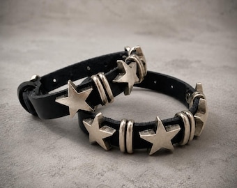 Genuine Leather Punk Bracelet • Unisex Jewelry for Him/Her • Bold Gothic Style • Edgy Star Charm • Handmade Adjustable Bracelet • Y2K Gift