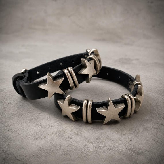 Genuine Leather Punk Bracelet • Unisex Jewelry for Him/Her • Bold Gothic Style • Edgy Star Charm • Handmade Adjustable Bracelet • Y2K Gift