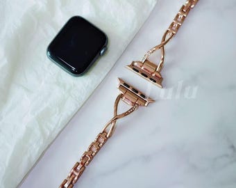 Rose Gold Crystal Apple Watch Band: Stainless Steel Link Strap • Apple Watch Series 11-1, SE, Ultra • Adjustable Strap 38mm-41mm 42mm-49mm