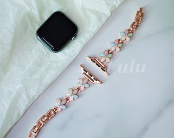 Pastel Floral Apple Watch Band • Apple Watch Series 12-1, SE, Ultra • Rose Gold Daisy Chain for 38mm–49mm • Elegant Gift for Women/Girls