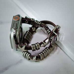 Punk Leather Apple Watch Band • Apple Watch Series 1-10, SE, Ultra • Adjustable Strap 38mm-41mm 42mm-49mm • Gift for Her • Bold Gothic Style