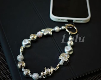 Cadena para teléfono con cuentas plateadas • Perla metálica y estrella • Para teléfono, cámara, llave, bolso • Accesorios para fundas de iPhone de Apple • Regalo personalizado para ella