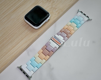 Pastel Rainbow Resin Apple Watch Band: Colorful Bracelet Strap • Apple Watch Series 11-1, SE, Ultra • Adjustable Strap 38mm-41mm 42mm-49mm