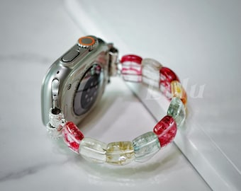 Multicolor Jade Apple Watch Band • Apple Watch Series 11-1, SE, Ultra • Elastic Solo Loop Beaded Bracelet 38mm-41mm 42mm-49mm • Gift for Her