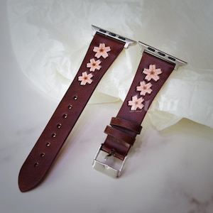 Cherry Blossom Leather Apple Watch Band • Apple Watch Series 1–10, SE, Ultra • Adjustable Strap 38mm–41mm 42mm–49mm • Floral Classic Style