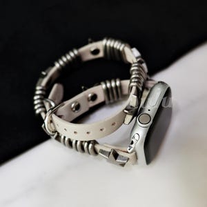 Punk Leather Apple Watch Band • Apple Watch Series 1-10, SE, Ultra • Adjustable Strap 38mm-41mm 42mm-49mm • Beige White • Bold Gothic Style