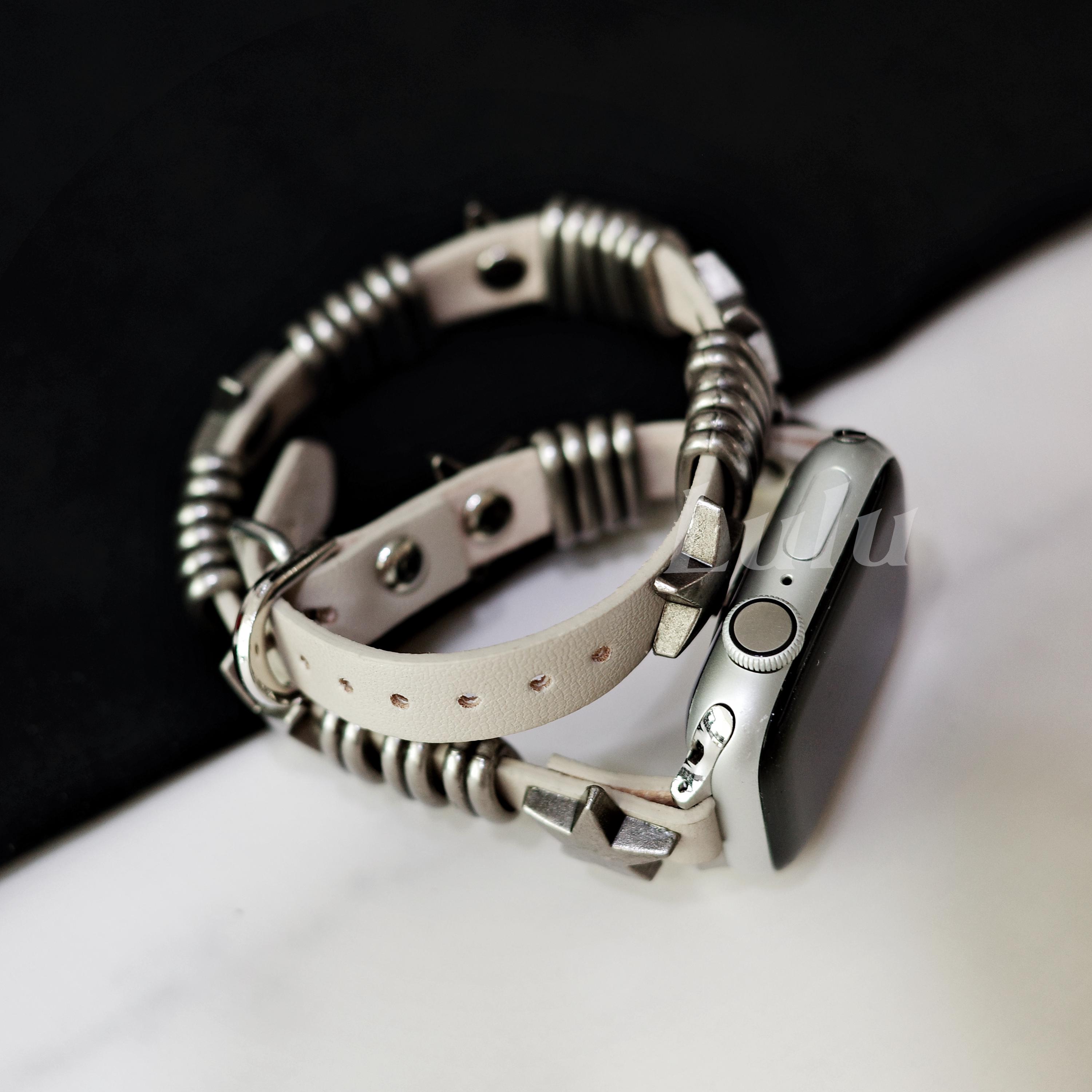 Punk Leather Apple Watch Band • Apple Watch Series 1-10, SE, Ultra • Adjustable Strap 38mm-41mm 42mm-49mm • Beige White • Bold Gothic Style