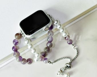 Purple Beaded Pearl Apple Watch Band • Tiger Eye Amethyst Beads • Watch Series 11–1, SE, Ultra • Adjustable Strap 38mm-41mm 42mm-49mm • Gift