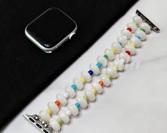 Colorful Beaded Apple Watch Band • iWatch Series 11-1, SE, Ultra • Elastic Double Loop Bracelet 38mm-41mm 42mm-49mm • Handmade Gift for Her