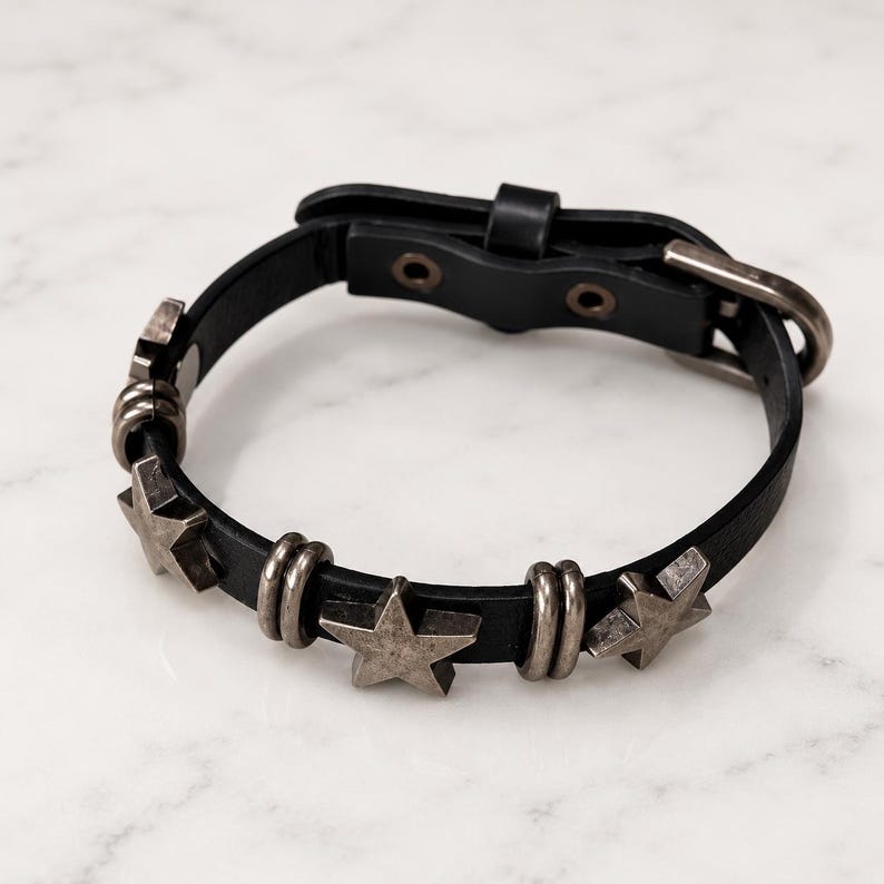 Genuine Leather Punk Bracelet • Unisex Jewelry for Him/Her • Bold Gothic Style • Edgy Star Charm • Handmade Adjustable Bracelet • Y2K Gift image 3