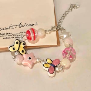 Handmade Butterfly Ceramic Bracelet - Adjustable Charm Bracelet, Star Beaded Bracelet, Aesthetic Pink Bracelet, Gift for Her, Birthday Gift