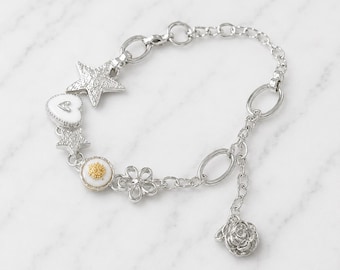 Silver Finished Link Bracelet – Non-Tarnish, Star, Heart & Flower Design, Adjustable Jewelry, One Size Fits All – Women, Teen, Unisex Gift