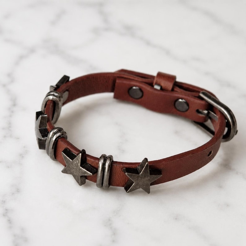 Genuine Leather Punk Bracelet • Unisex Jewelry for Him/Her • Bold Gothic Style • Edgy Star Charm • Handmade Adjustable Bracelet • Y2K Gift image 4