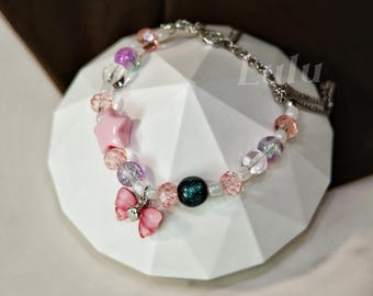 Coquette Ribbon Adjustable Bracelet • Handmade Y2K Jewelry • Cute Gift for Women/Teens • Silver Chain with Pastel Beads, Bow & Star Charm