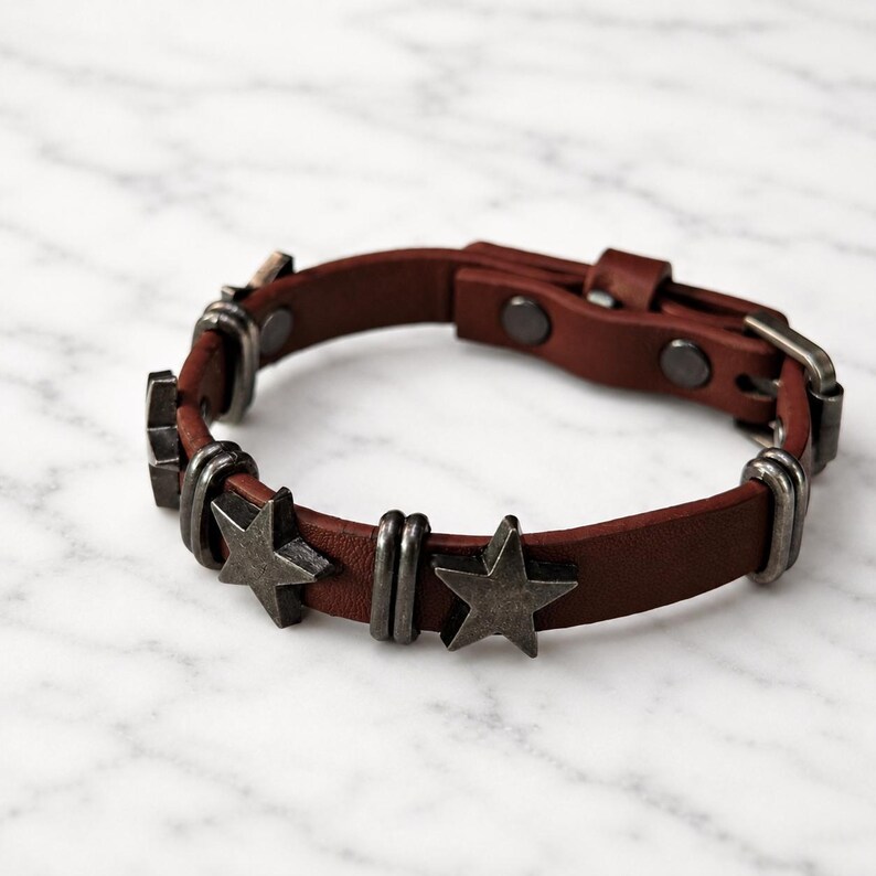 Genuine Leather Punk Bracelet • Unisex Jewelry for Him/Her • Bold Gothic Style • Edgy Star Charm • Handmade Adjustable Bracelet • Y2K Gift image 5