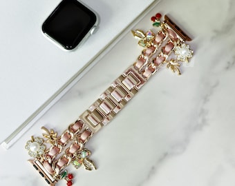 Pink Leather Chain Apple Watch Band • Series 12-1, SE, Ultra • Adjustable Strap 38mm-41mm 42mm-49mm • Rose Gold Bracelet with Pearl & Cherry